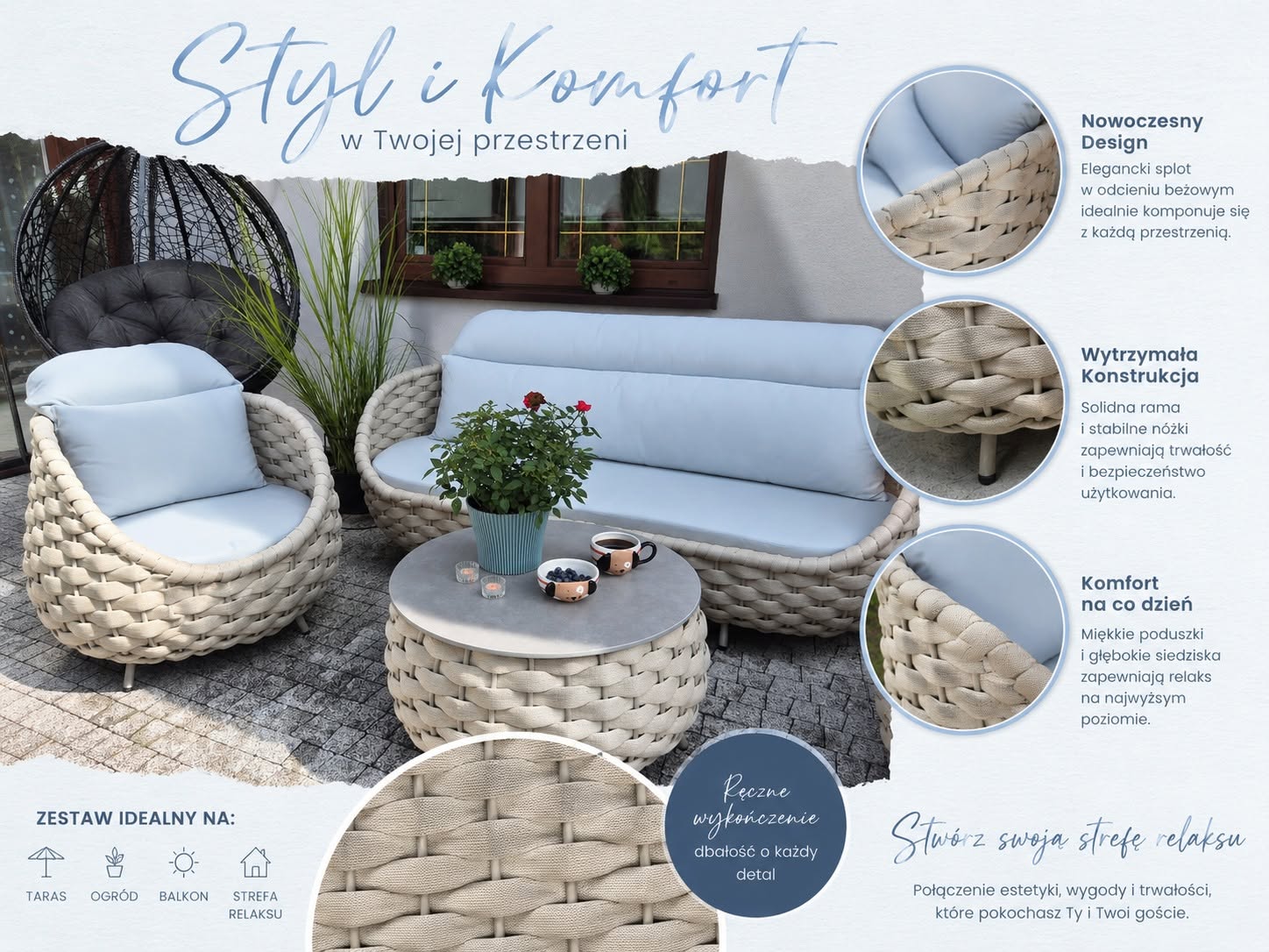 Komplet mebli ogrodowych ze stolikiem plecionka sofa fotele beż