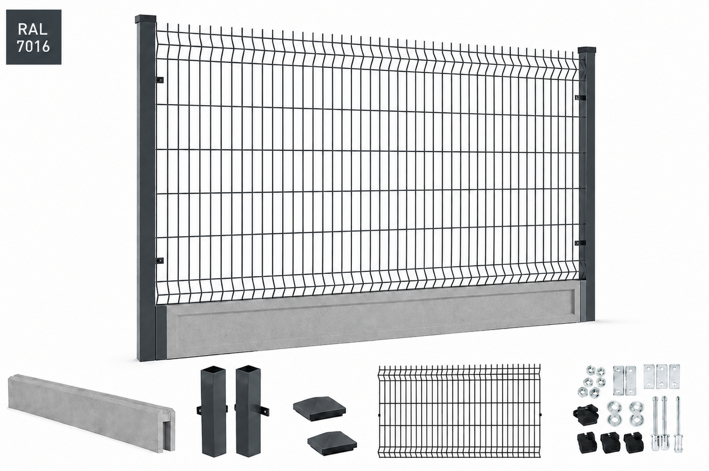 Ogrodzenie panelowe 3D 103 cm, fi4, słupek 1,5mm + podmurówka 20 cm z ramką