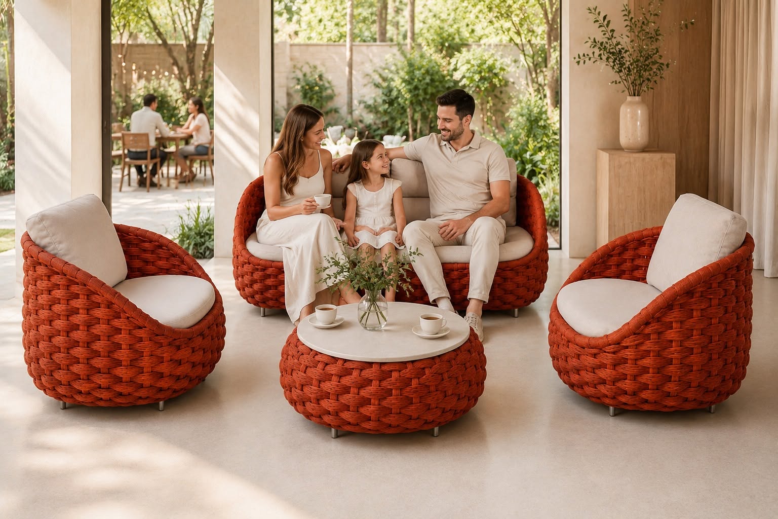 Komplet mebli ogrodowych ze stolikiem plecionka sofa fotele beż czerwony