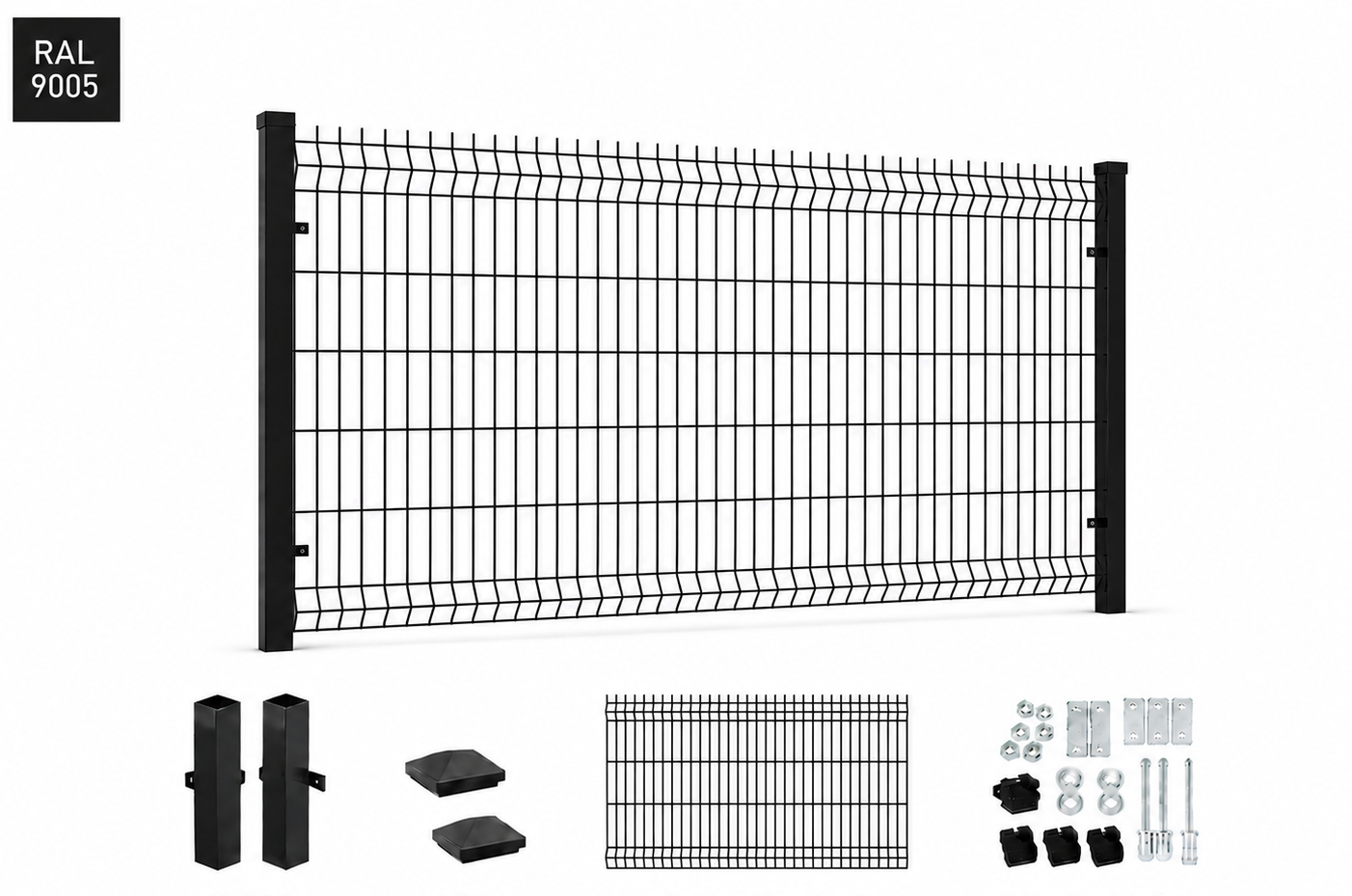 Panel ogrodzeniowy 3D czarny fi5, słupek 1,5mm, ZESTAW