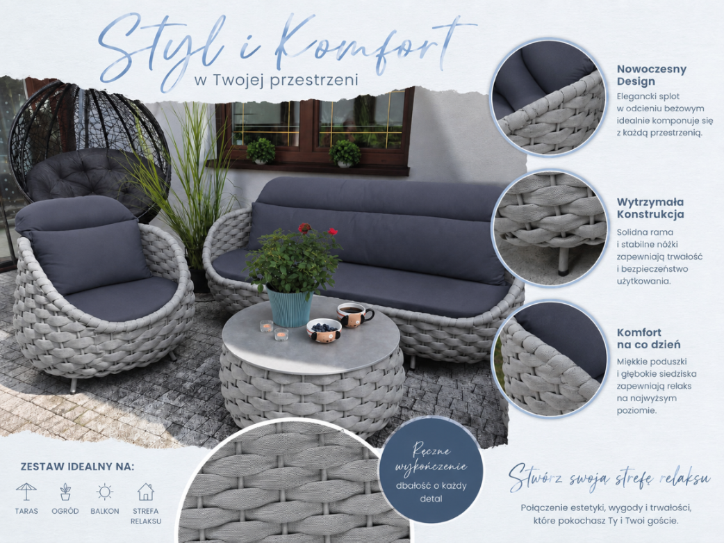 Komplet mebli ogrodowych ze stolikiem plecionka sofa fotele szary