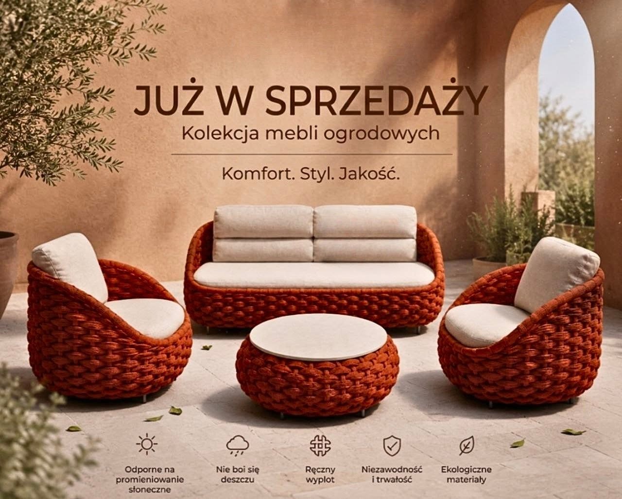 Komplet mebli ogrodowych ze stolikiem plecionka sofa fotele beż czerwony
