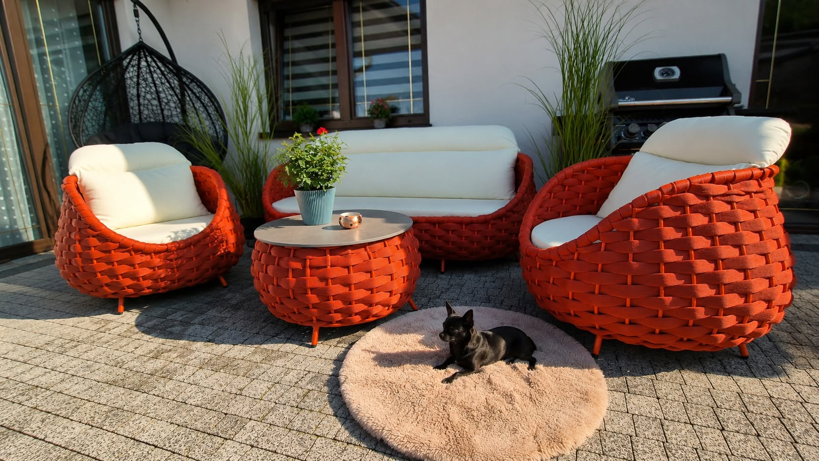 Komplet mebli ogrodowych ze stolikiem plecionka sofa fotele beż czerwony