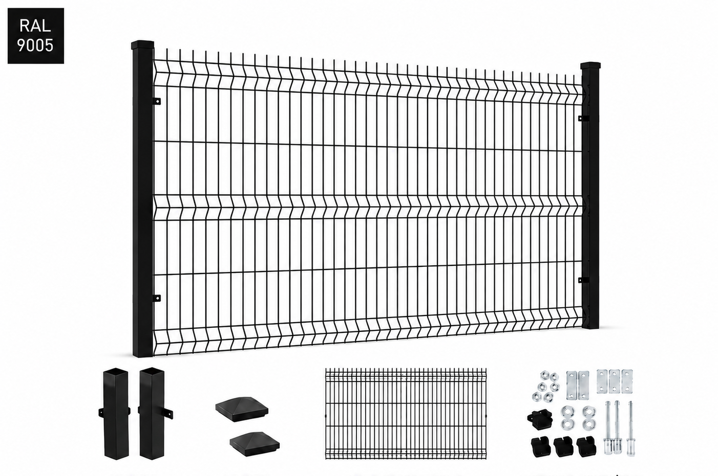 Panel ogrodzeniowy 3D czarny fi4, słupek 1,5mm, ZESTAW
