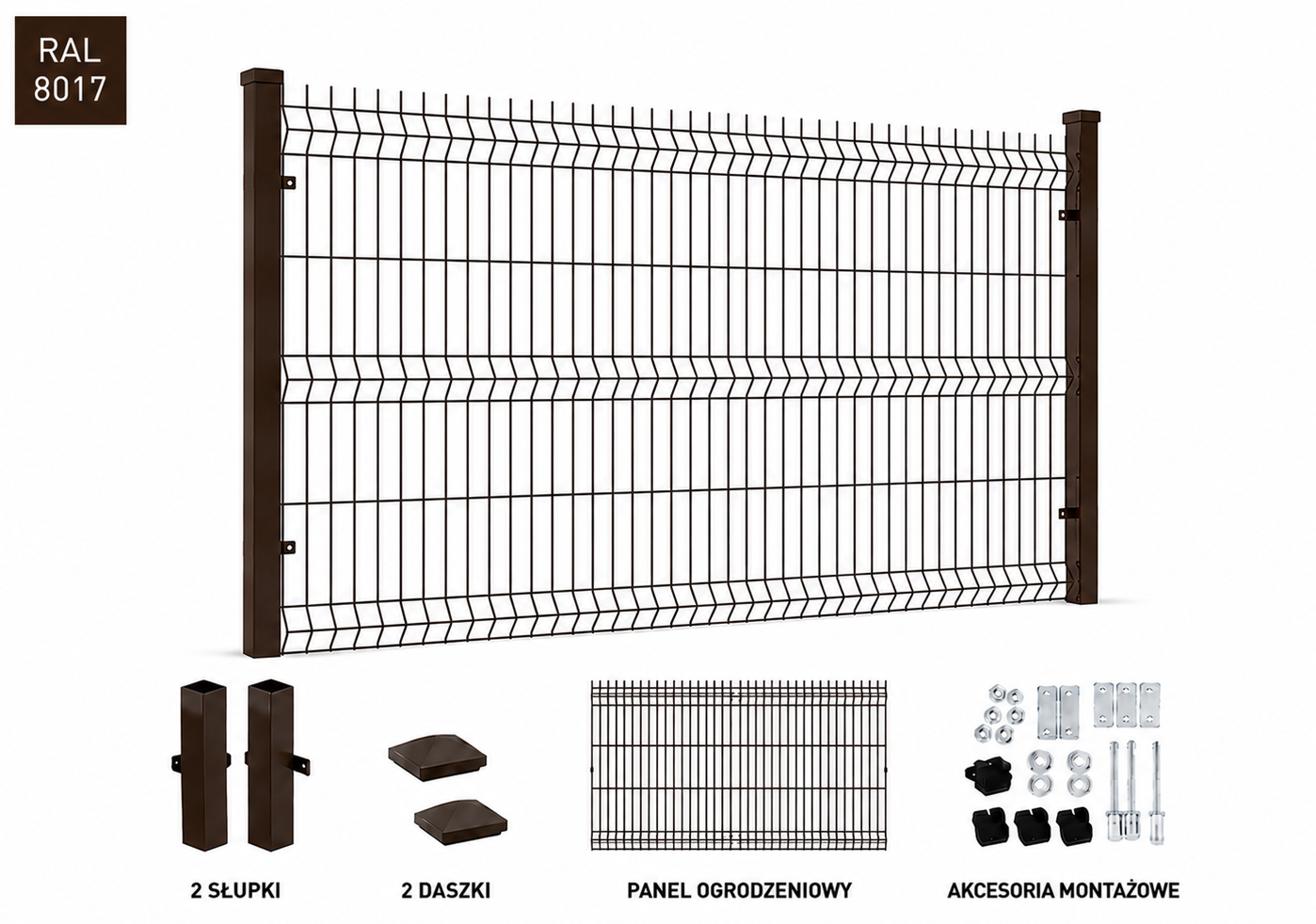 Panel ogrodzeniowy 3D brązowy fi5, słupek 1,5mm, ZESTAW