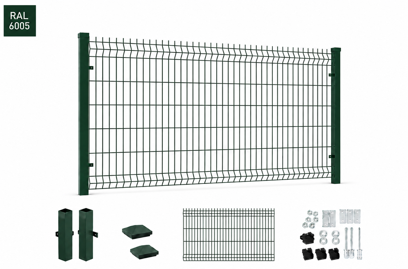 Panel ogrodzeniowy 3D zielony fi5, słupek 1,5mm, ZESTAW