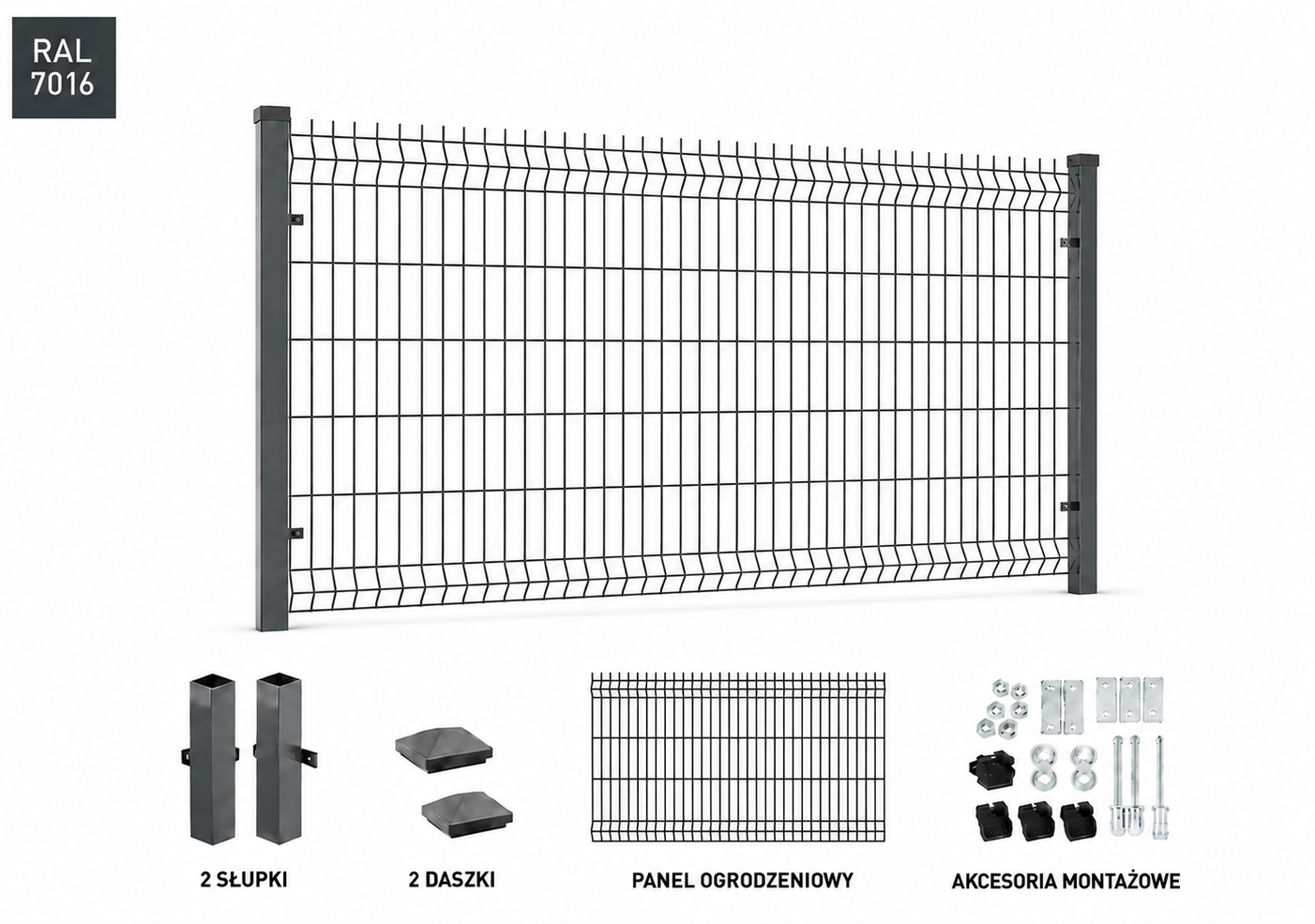 Panel ogrodzeniowy 3D antracyt fi4, słupek 1,5mm, ZESTAW